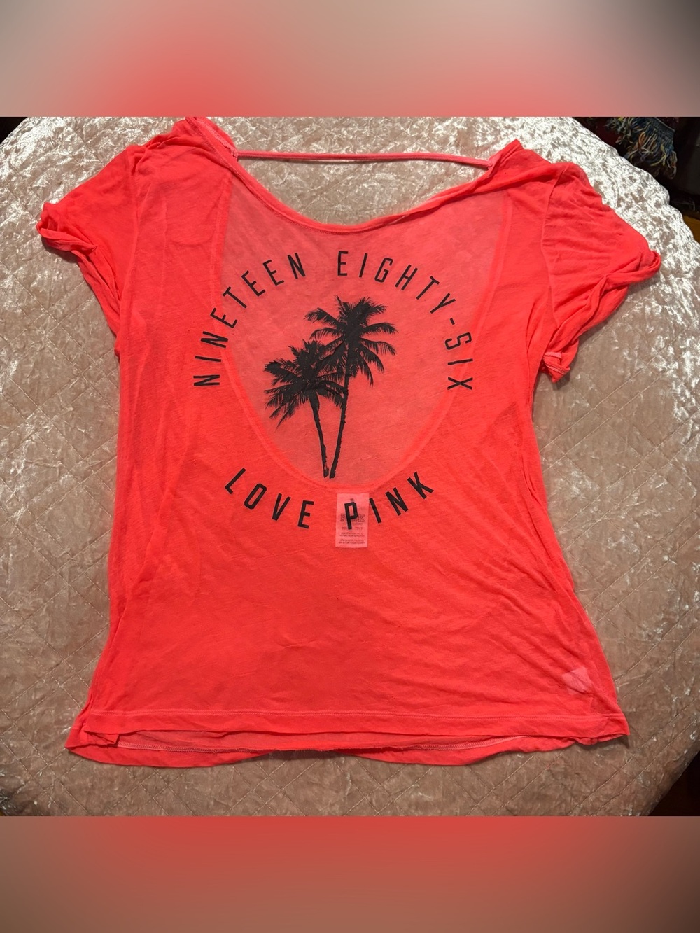 PINK Victoria's Secret Coral Scoop-Back Tee with Palm Graphic